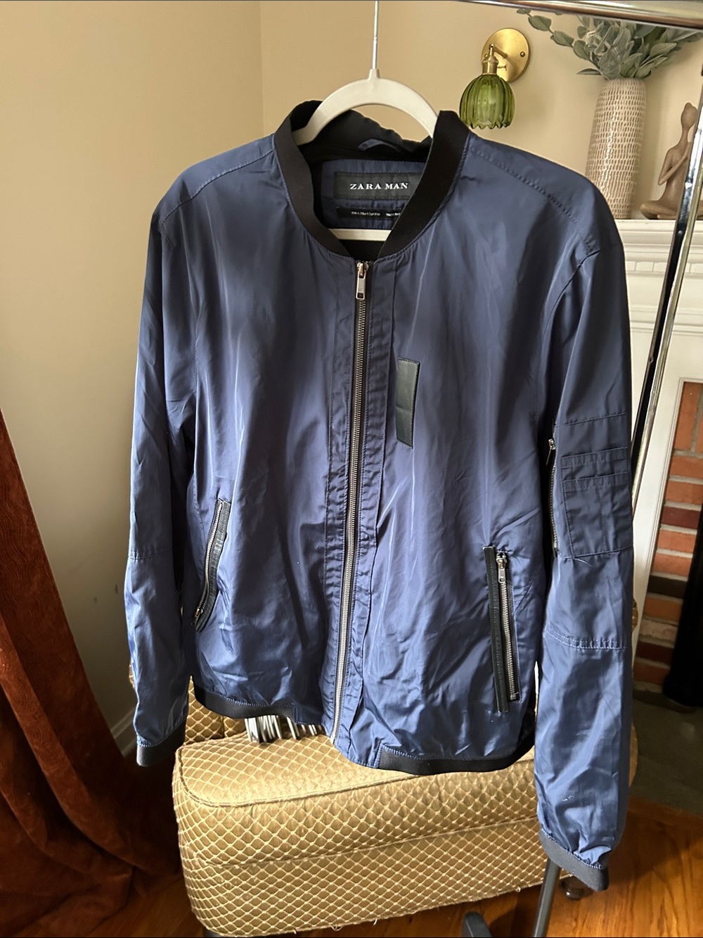Zara Men Navy Bomber Jacket with Black Trim